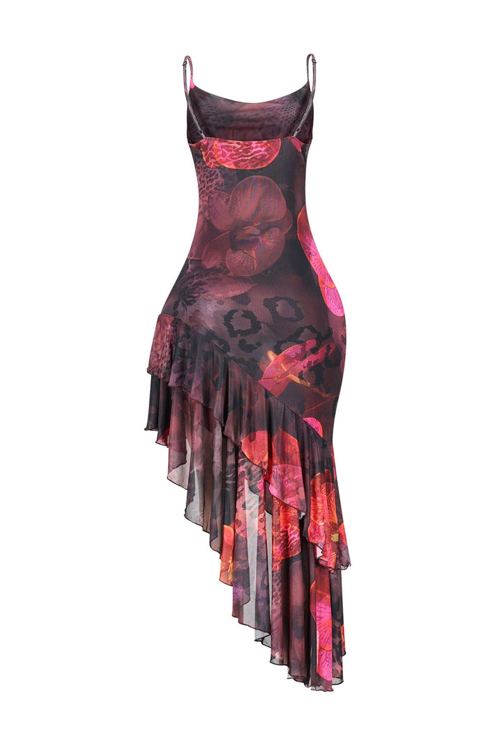 Ibiza Mesh Print Ruffle Midi Dress
