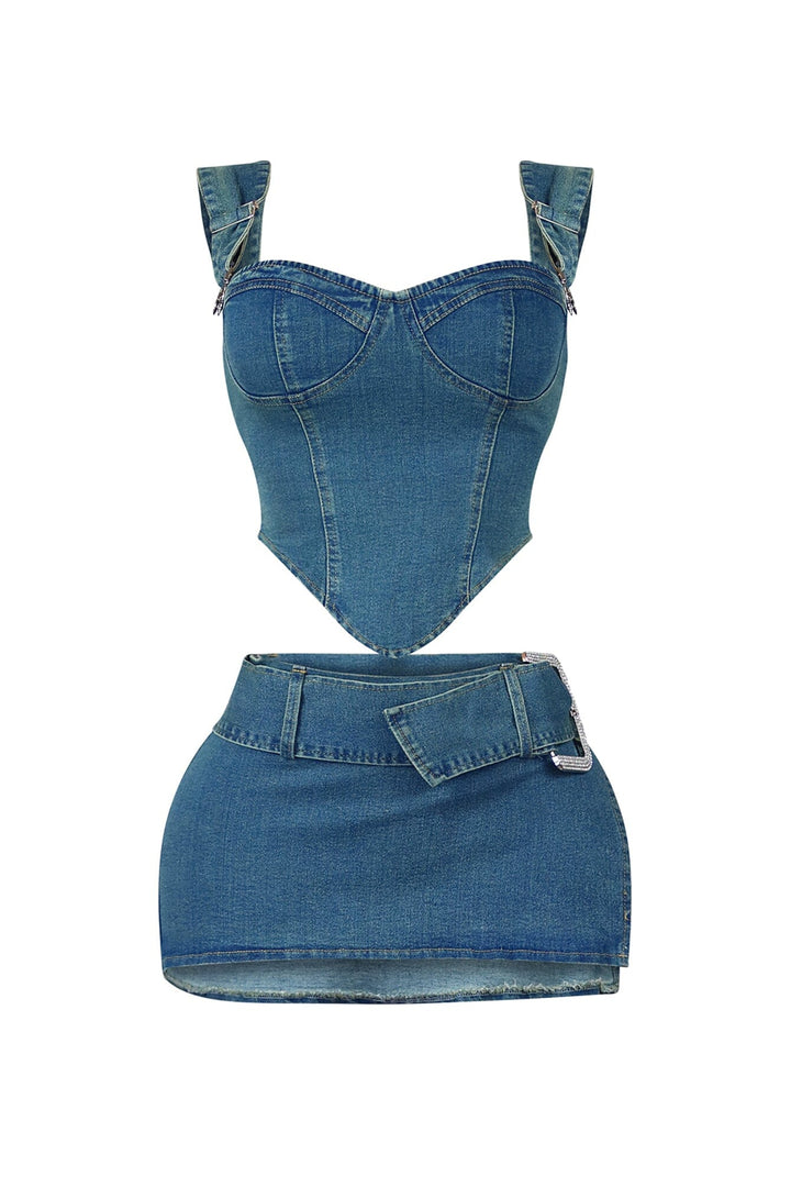 Daniel Washed Denim Corset &amp; Skirt SET