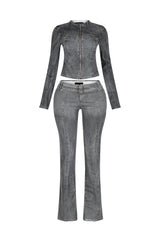 Euni Washed Denim Zip Up Top &amp; Pants SET