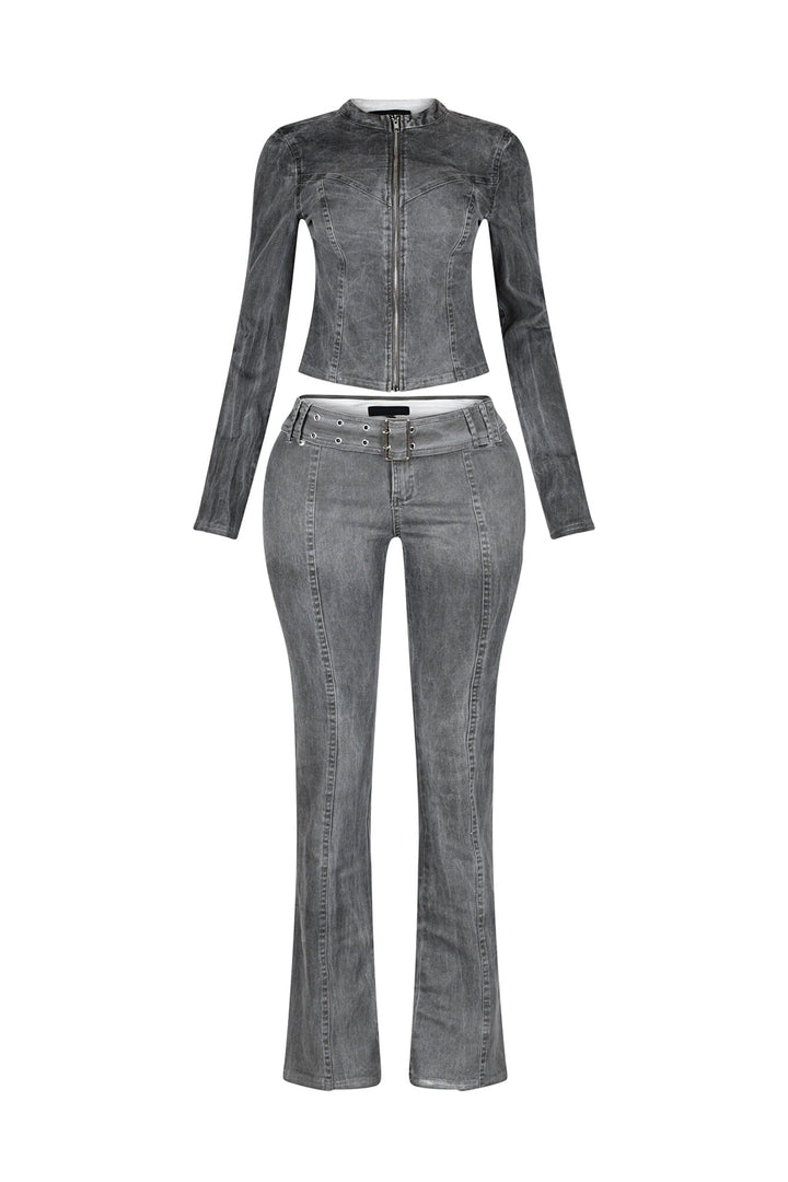 Euni Washed Denim Zip Up Top &amp; Pants SET
