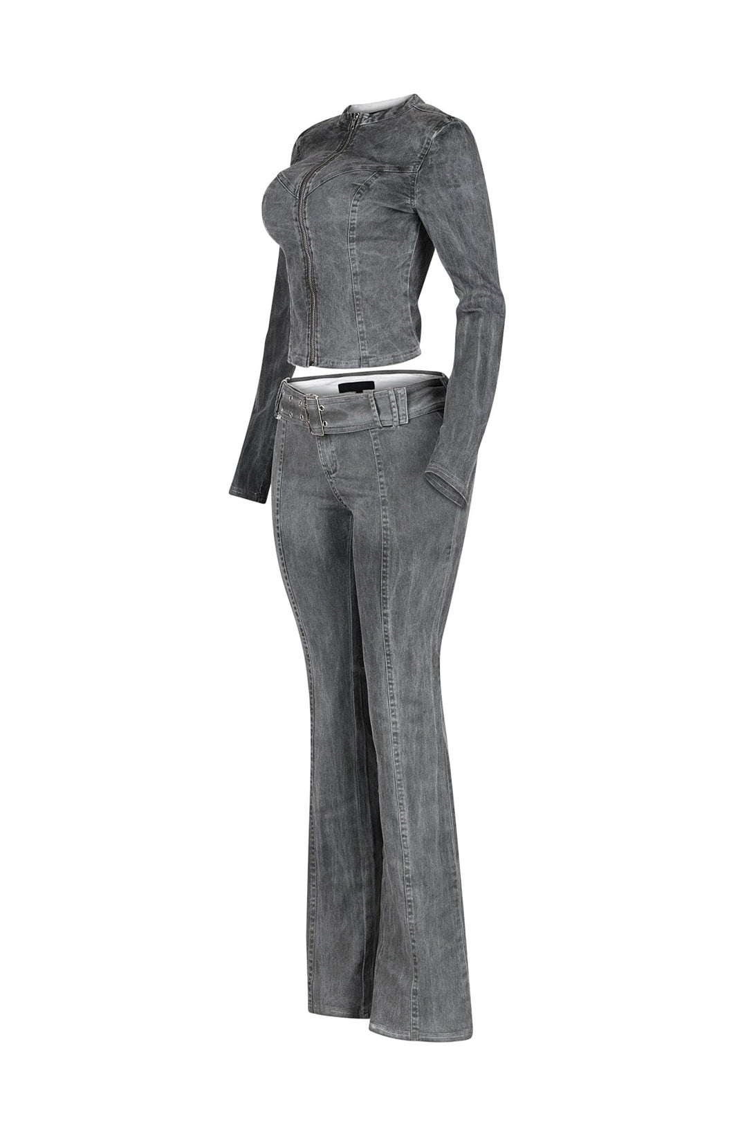 Euni Washed Denim Zip Up Top &amp; Pants SET