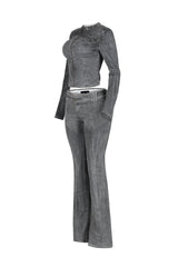 Euni Washed Denim Zip Up Top &amp; Pants SET