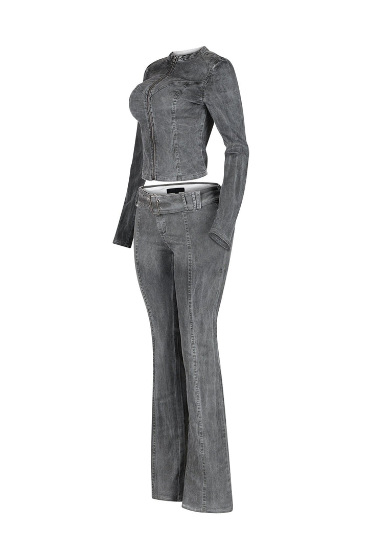 Euni Washed Denim Zip Up Top &amp; Pants SET
