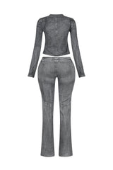 Euni Washed Denim Zip Up Top &amp; Pants SET