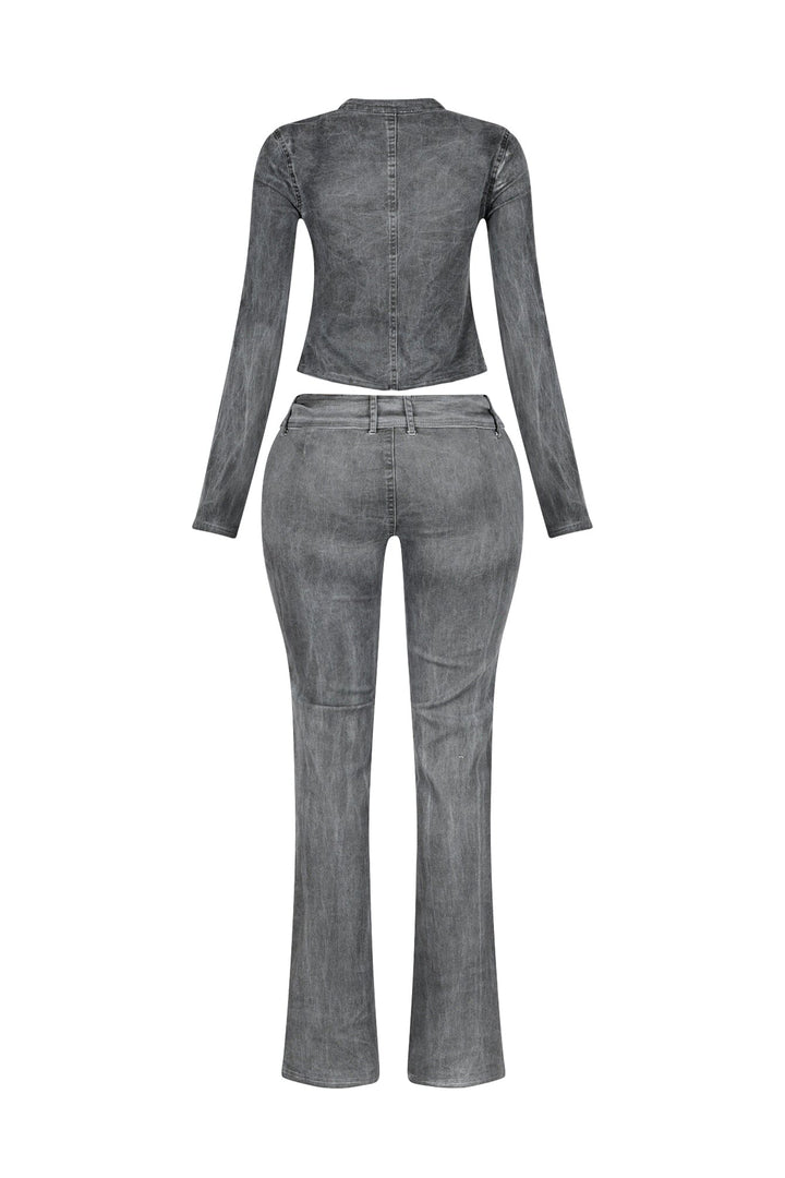 Euni Washed Denim Zip Up Top &amp; Pants SET