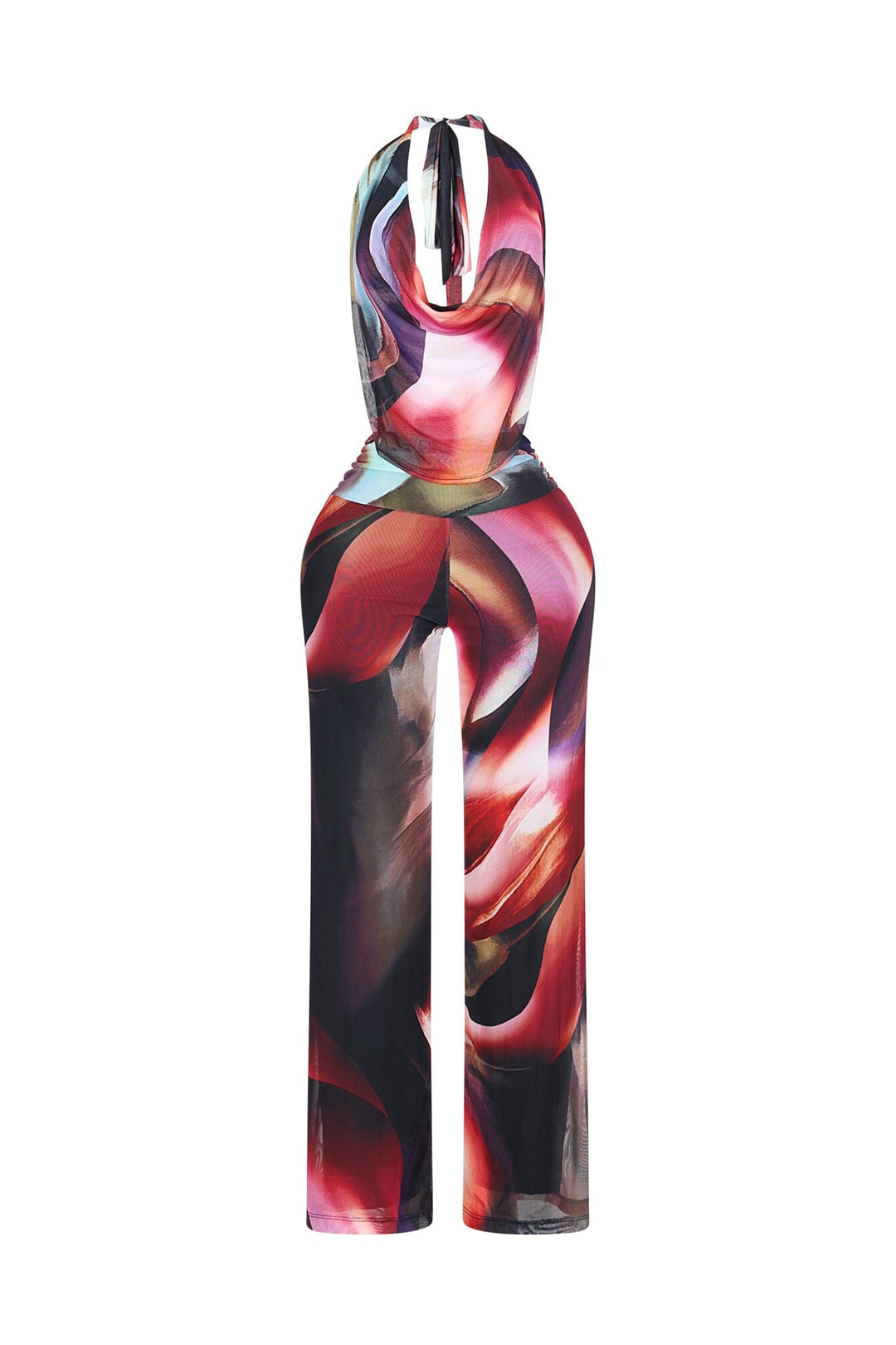 Mystique Flow Mesh Print Halter Jumpsuit