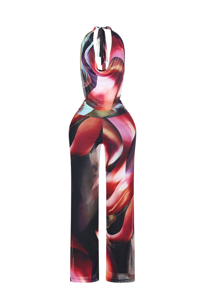 Mystique Flow Mesh Print Halter Jumpsuit