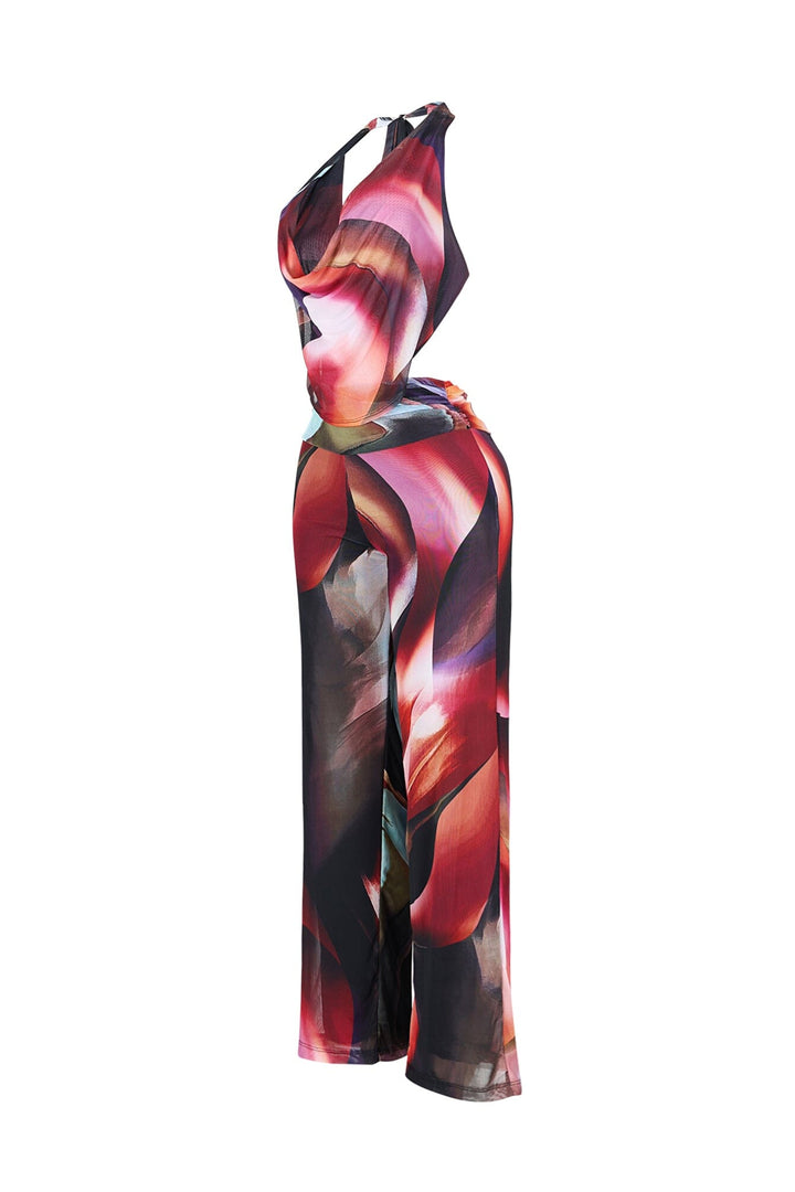 Mystique Flow Mesh Print Halter Jumpsuit