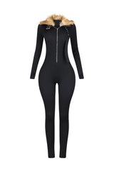 KS Power knit Jumpsuit With Fur Collar
