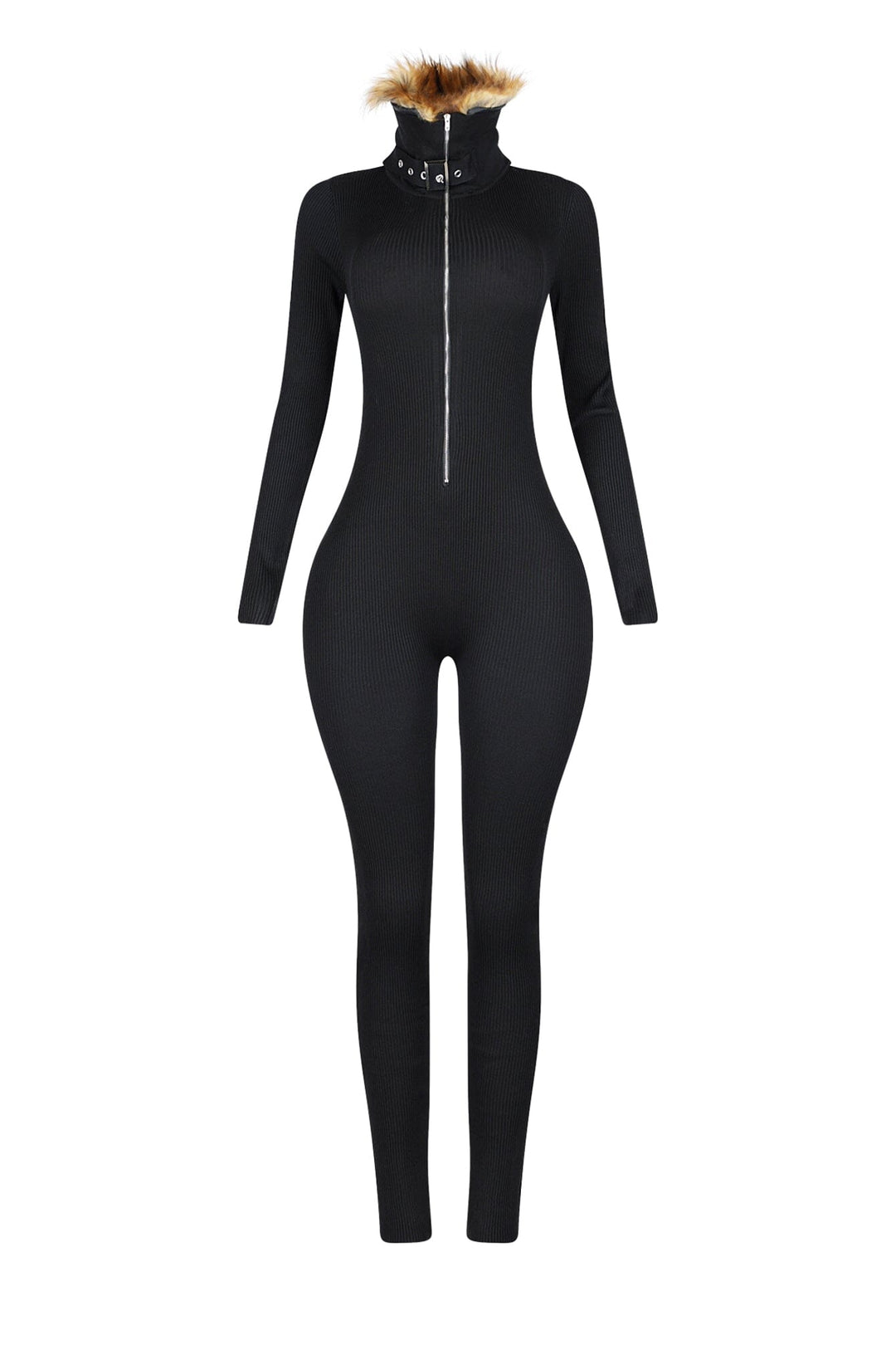 KS Power knit Jumpsuit With Fur Collar