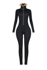 KS Power knit Jumpsuit With Fur Collar