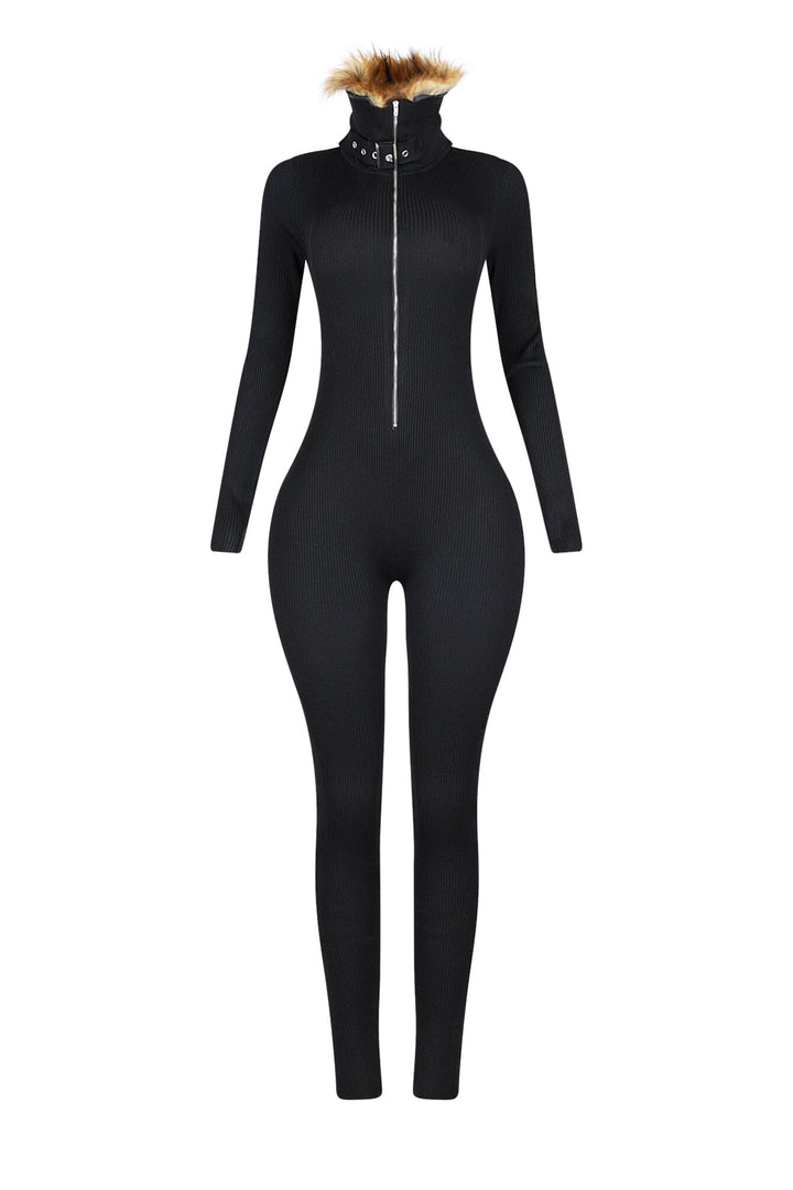 KS Power knit Jumpsuit With Fur Collar