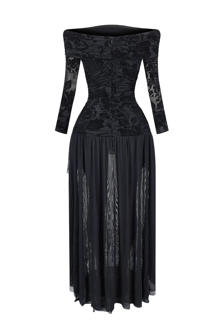 Alaina Velvet Burnout Off Shoulder Maxi Dress
