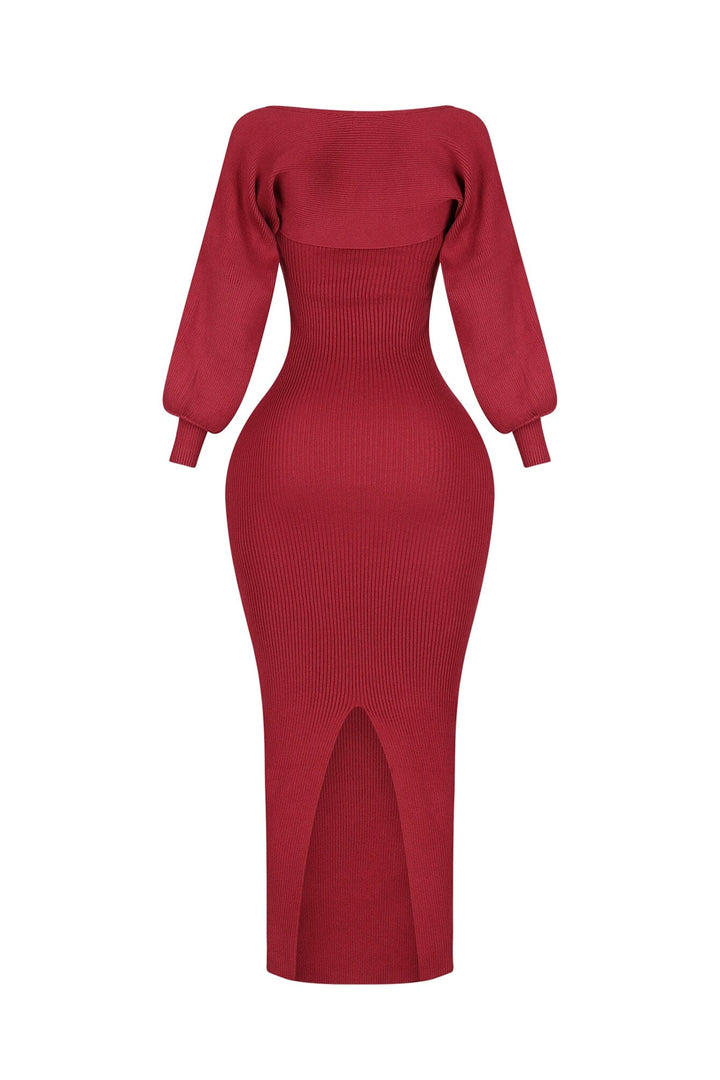Heather Ribbed Knit Dress With Bolero SET