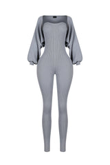 Clover Ribbed Knit Jumpsuit With Bolero SET
