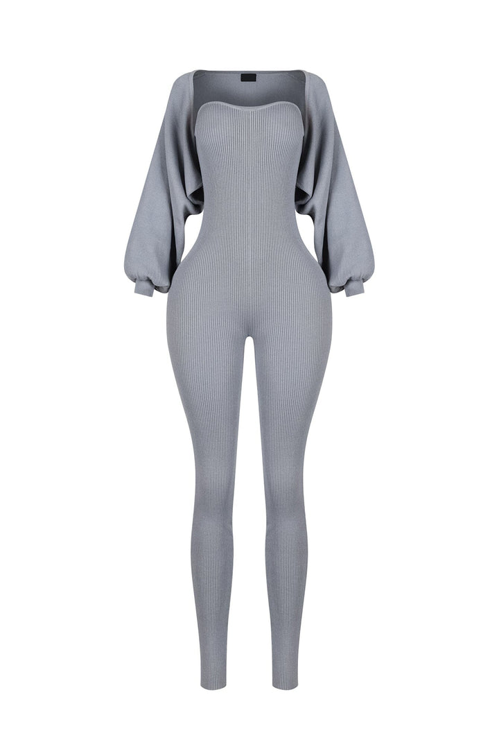 Clover Ribbed Knit Jumpsuit With Bolero SET