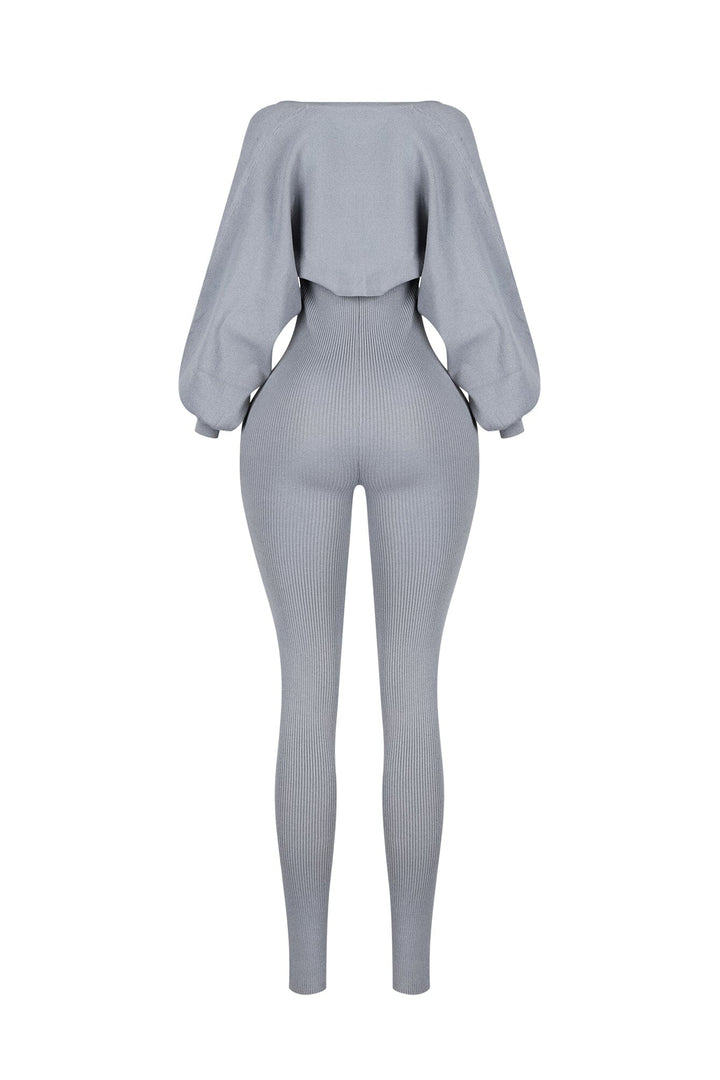 Clover Ribbed Knit Jumpsuit With Bolero SET