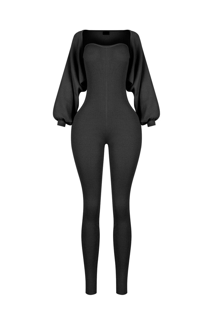 Clover Ribbed Knit Jumpsuit With Bolero SET