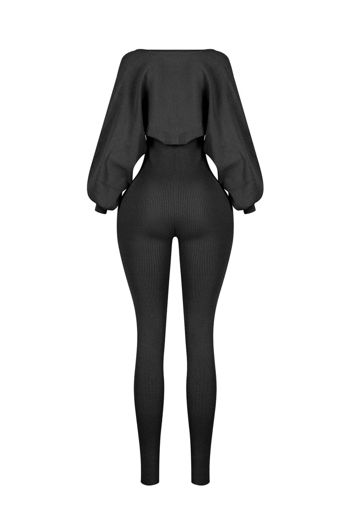 Clover Ribbed Knit Jumpsuit With Bolero SET