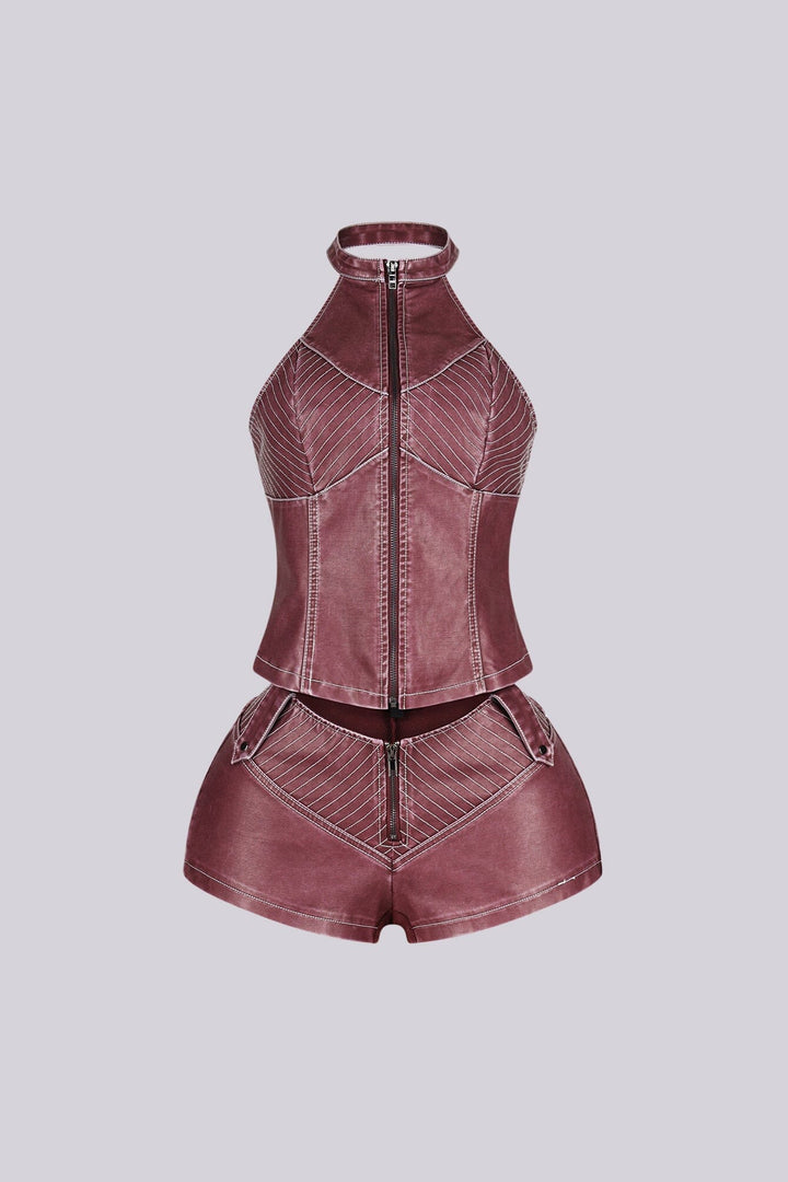 Mono Faux Leather Halter Top &amp; Shorts SET