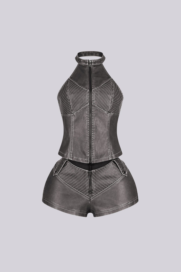 Mono Faux Leather Halter Top &amp; Shorts SET