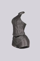 Mono Faux Leather Halter Top &amp; Shorts SET