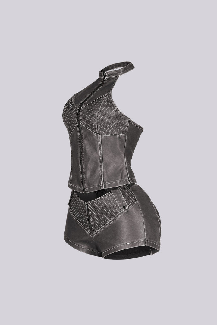 Mono Faux Leather Halter Top &amp; Shorts SET