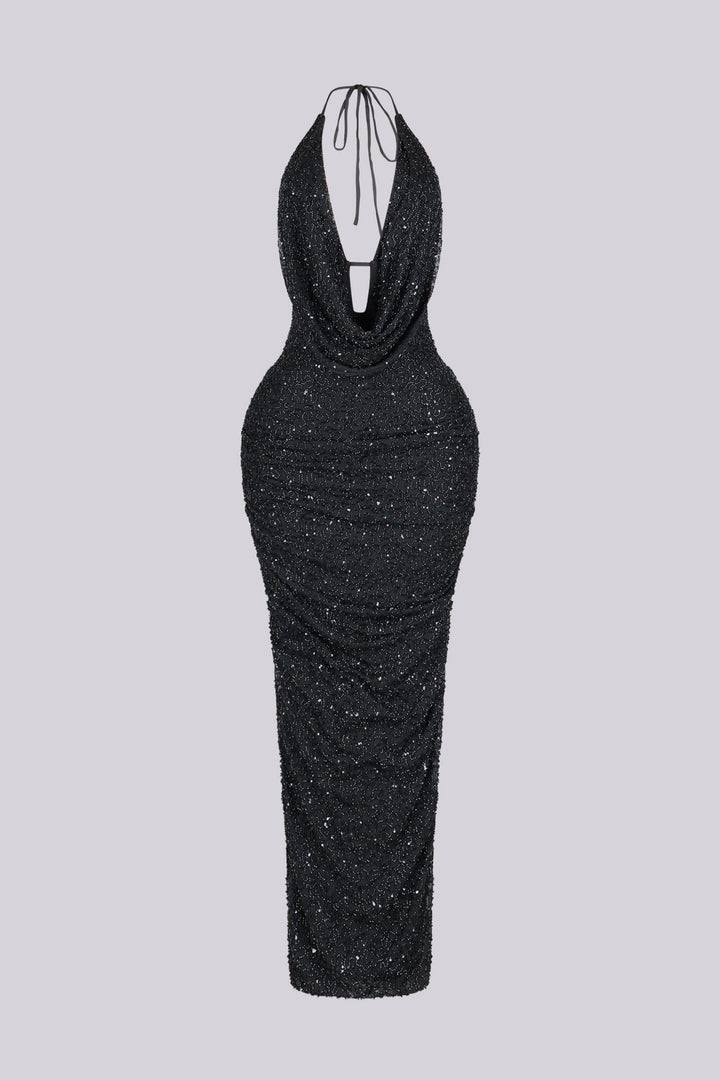Viva Rhinestone Beaded Halter Maxi Dress