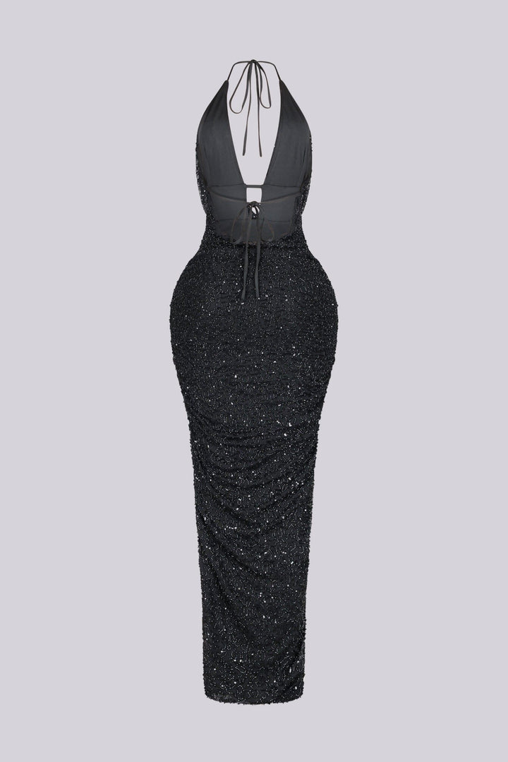 Viva Rhinestone Beaded Halter Maxi Dress