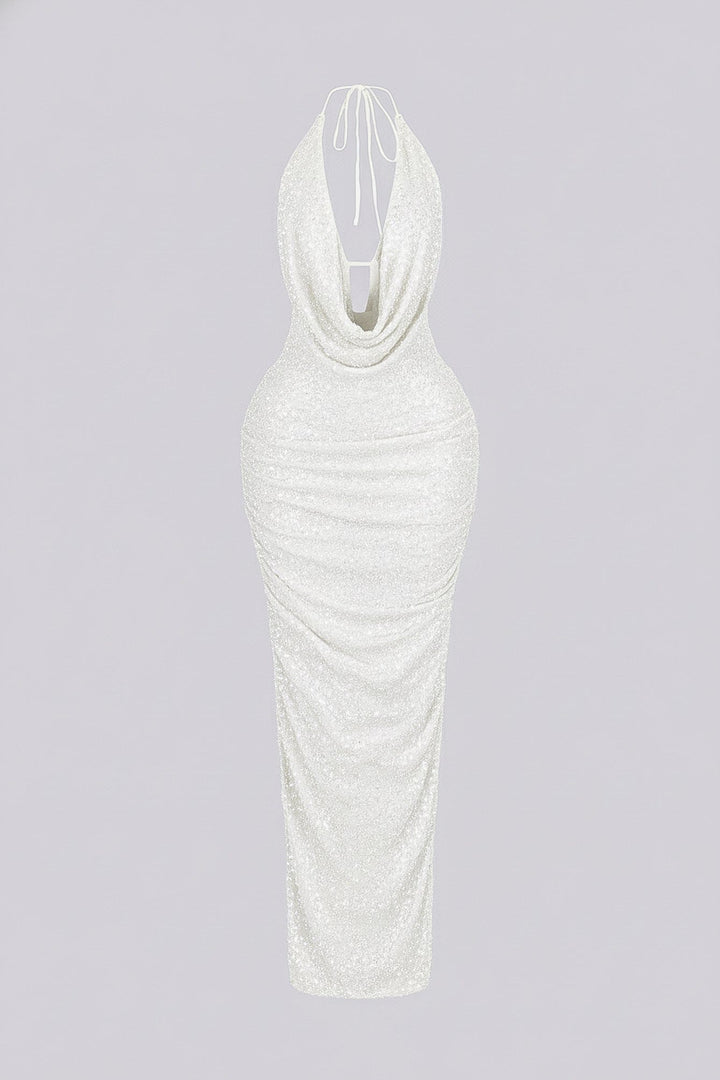 Viva Rhinestone Beaded Halter Maxi Dress