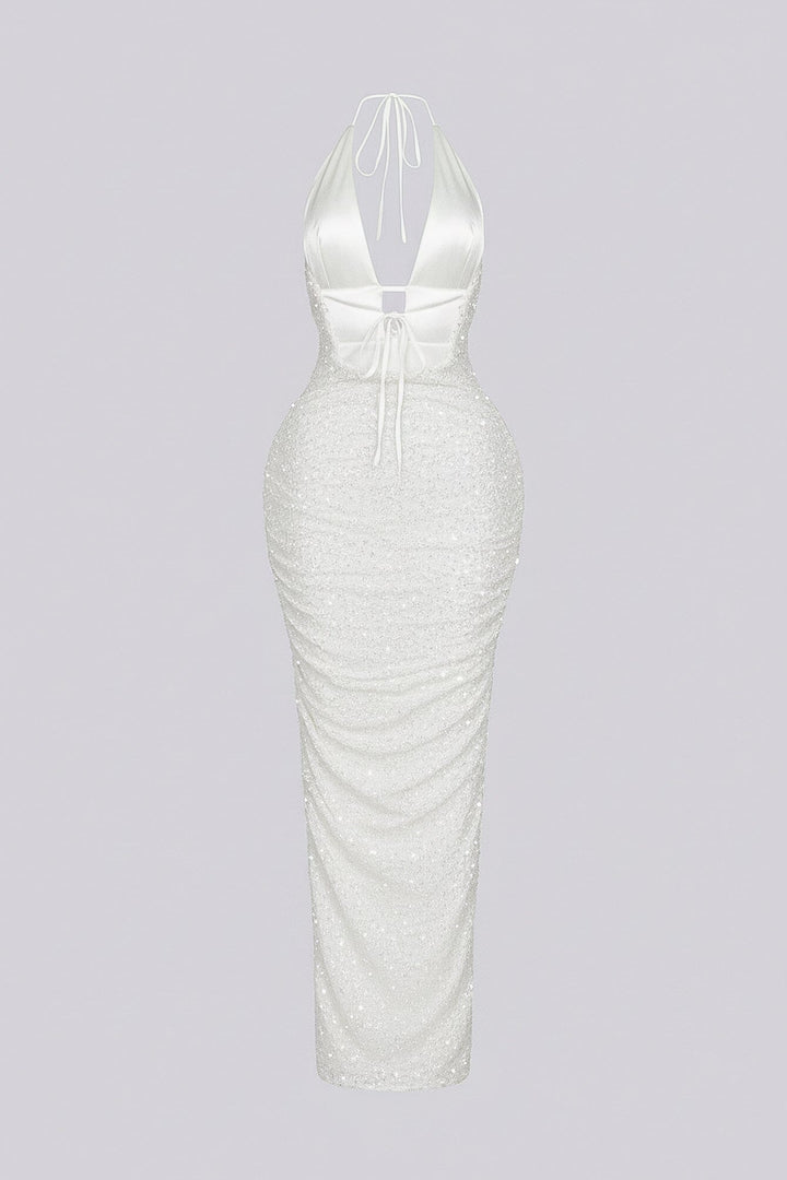 Viva Rhinestone Beaded Halter Maxi Dress
