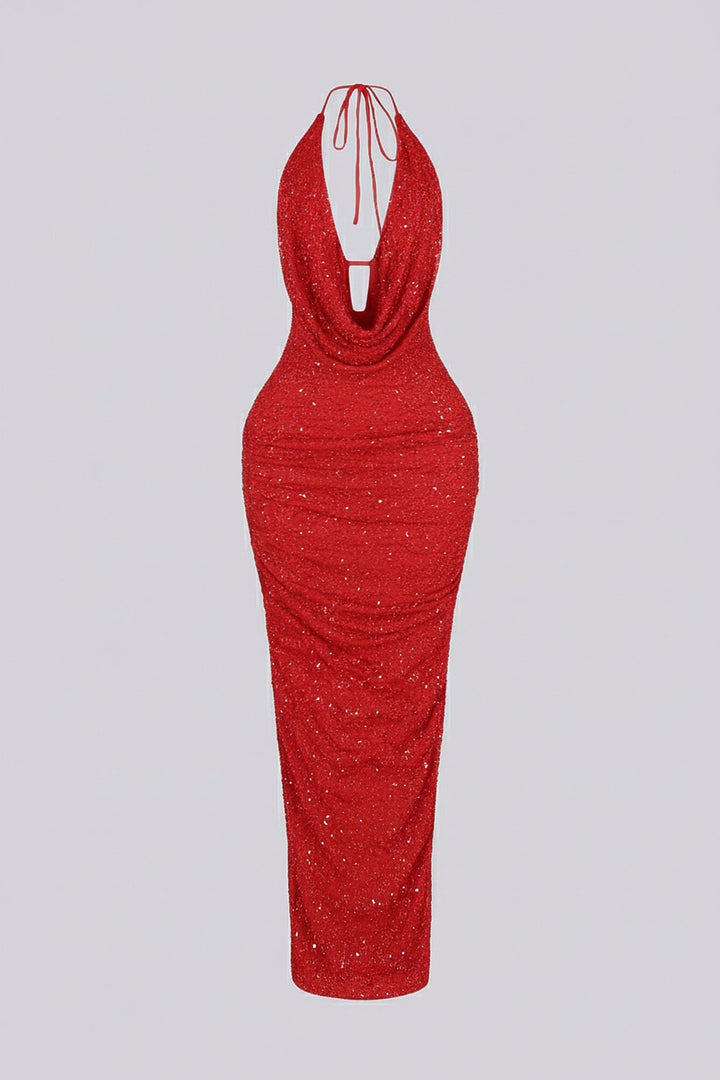 Viva Rhinestone Beaded Halter Maxi Dress