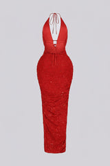 Viva Rhinestone Beaded Halter Maxi Dress