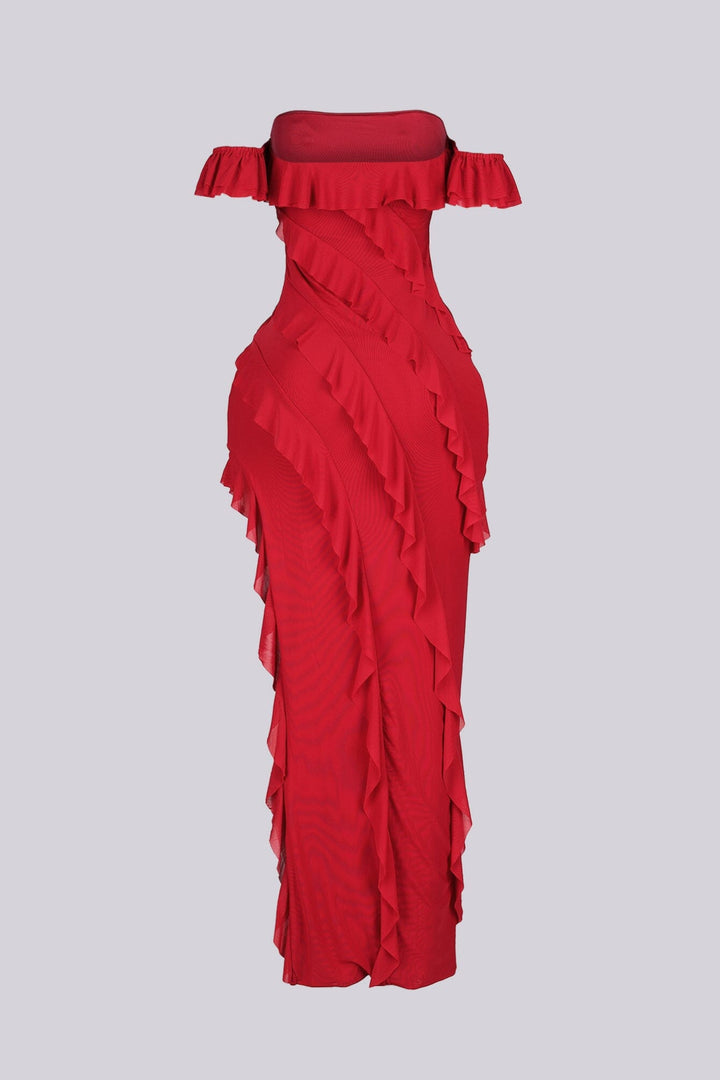 Belle Nuit Mesh Ruffled Maxi Dress