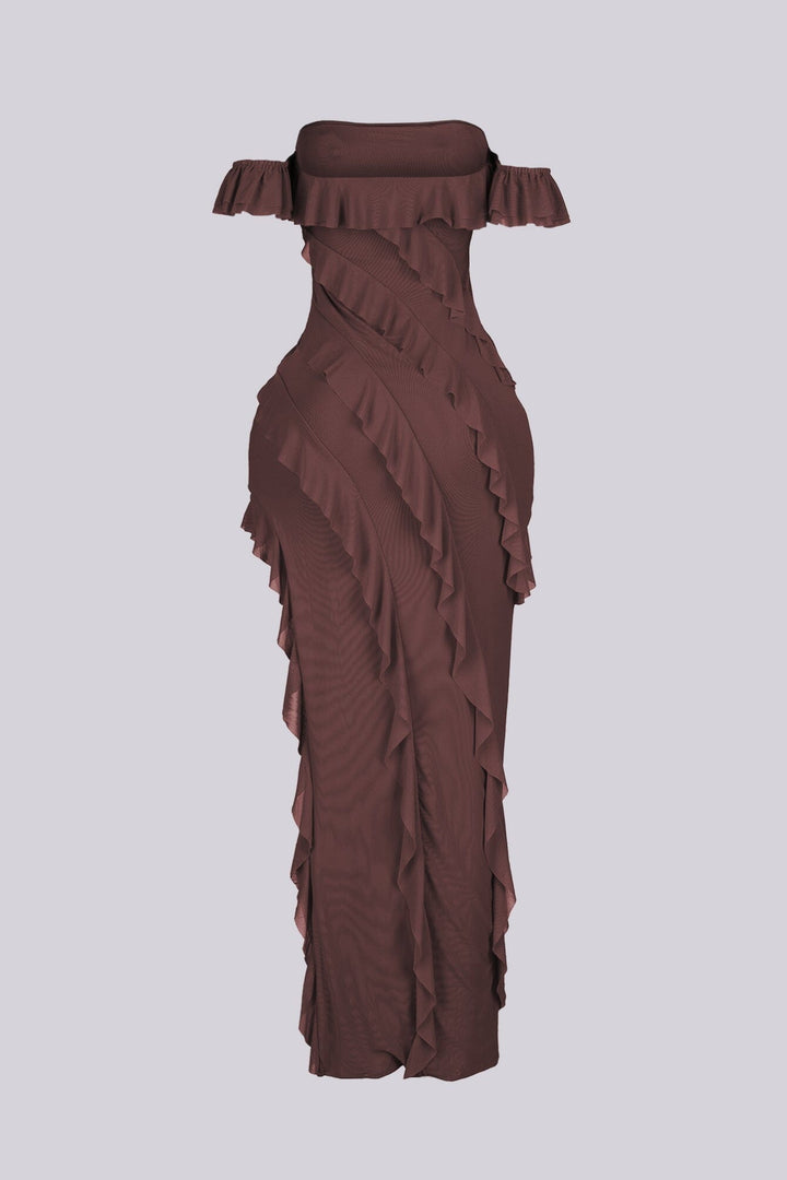 Belle Nuit Mesh Ruffled Maxi Dress