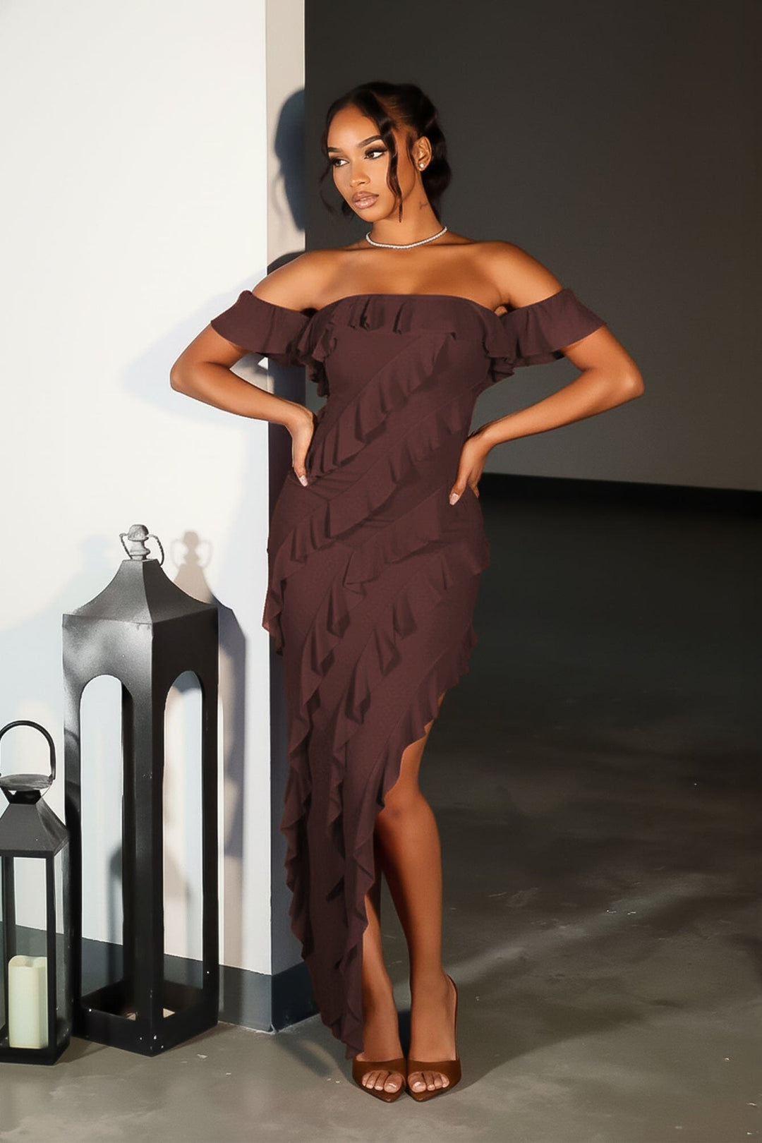 Belle Nuit Mesh Ruffled Maxi Dress