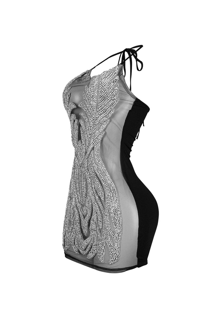 Bratty Rhinestone Mesh Contrast Mini Dress