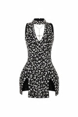 Gina Rhinestone Mesh Halter Mini Dress