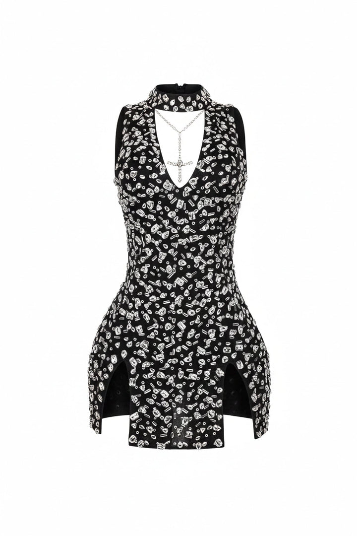 Gina Rhinestone Mesh Halter Mini Dress