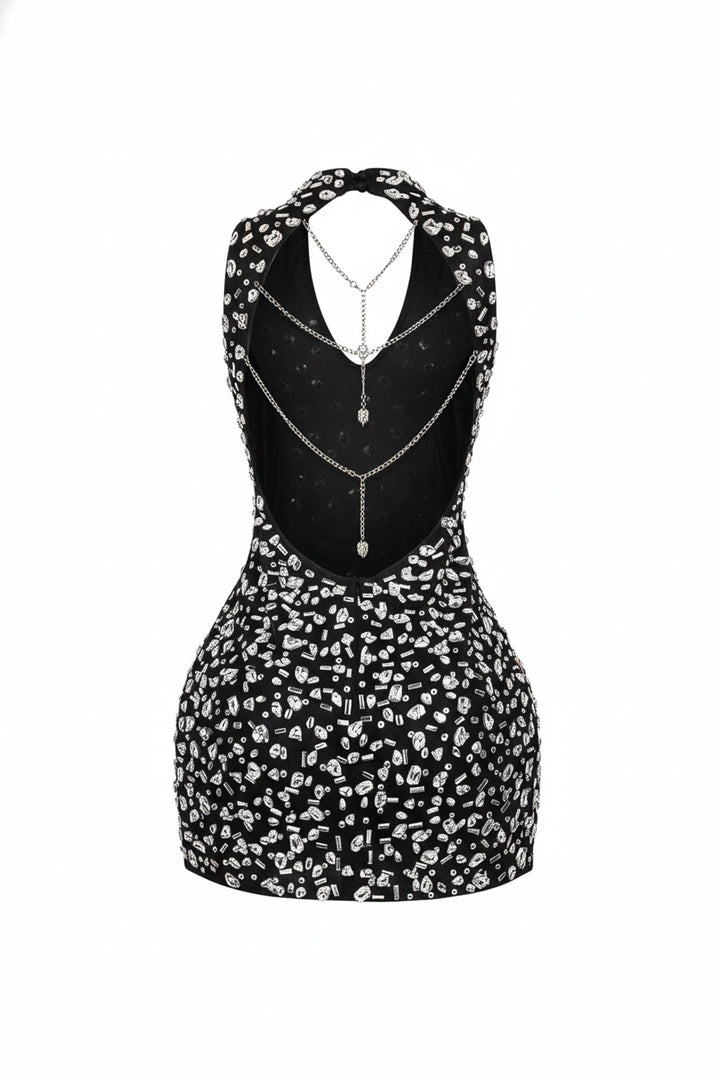 Gina Rhinestone Mesh Halter Mini Dress