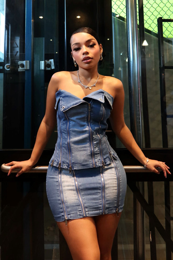Keep Busy Multi Zipper Corset Top &amp; Skirt SET