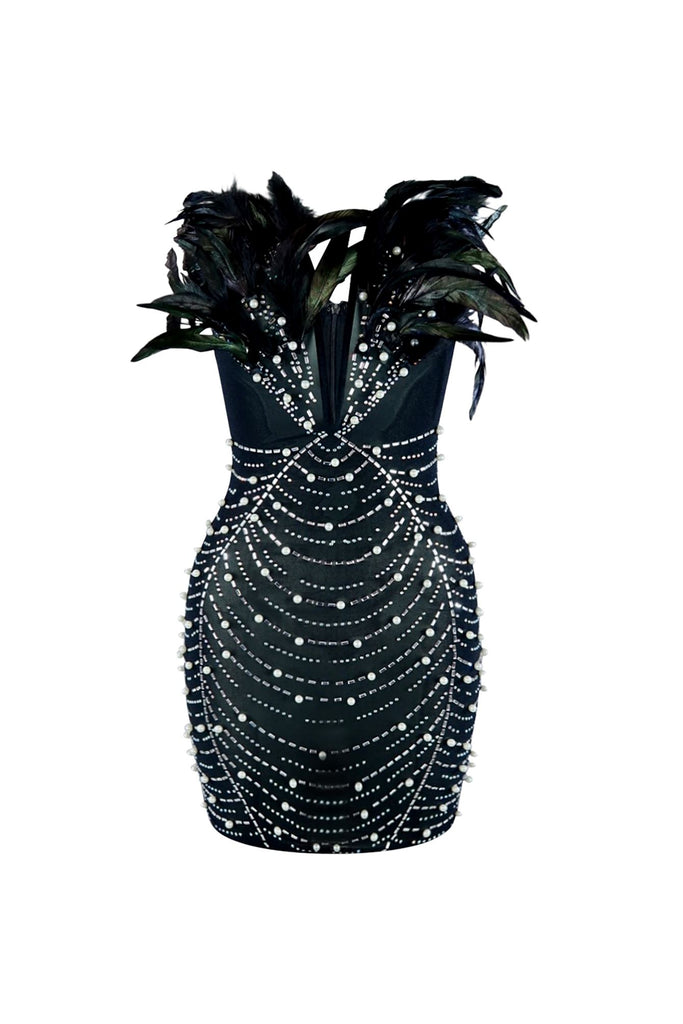 Black Swan Feather And Rhinestone Dress Dresses EDGE Small Black 