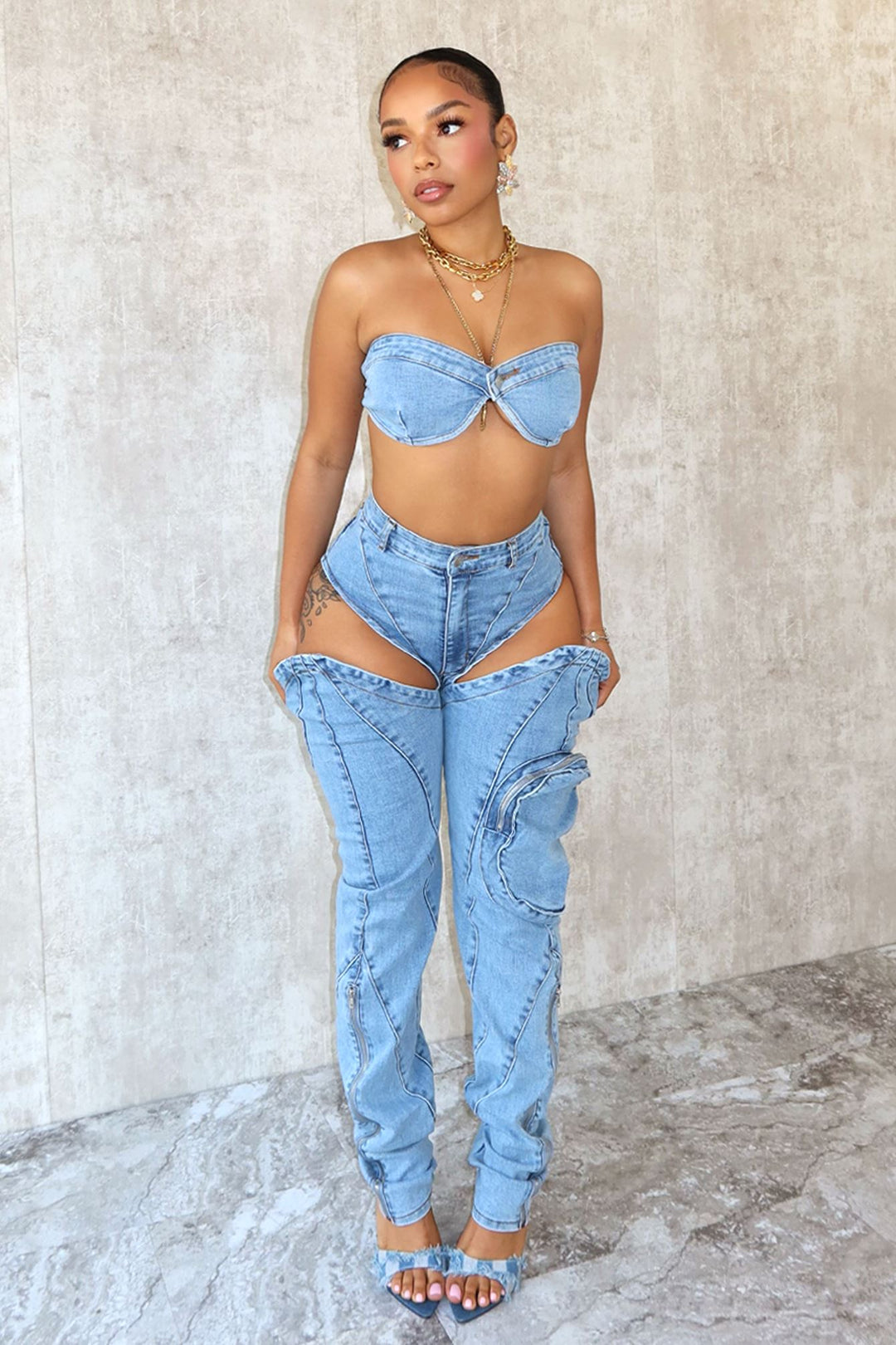 Boss Babe Denim Tube Top &amp; Cut Out Pants SET