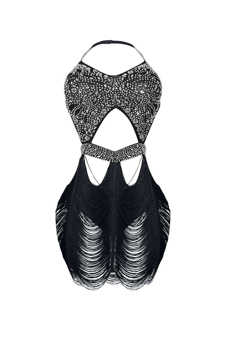 Shake It Draped Tassel Fringe Rhinestone Dress