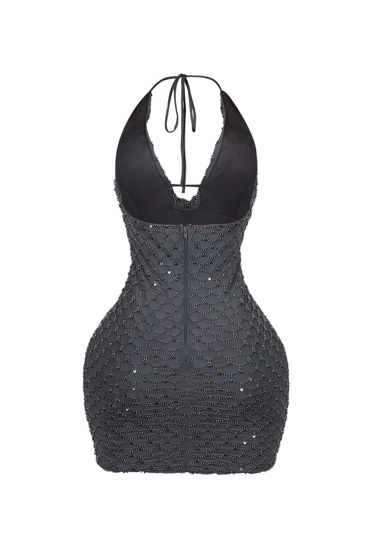 Rebecca Beaded Cowl Neck Halter Mini Dress