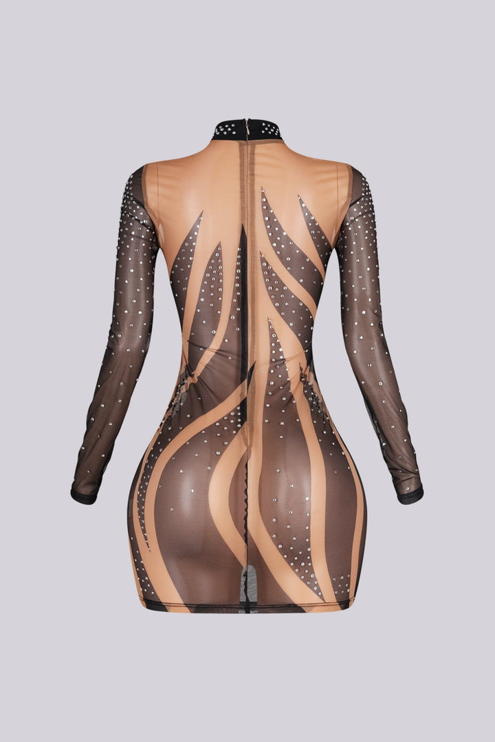 Elira Long Sleeve Rhinestone Mesh Dress