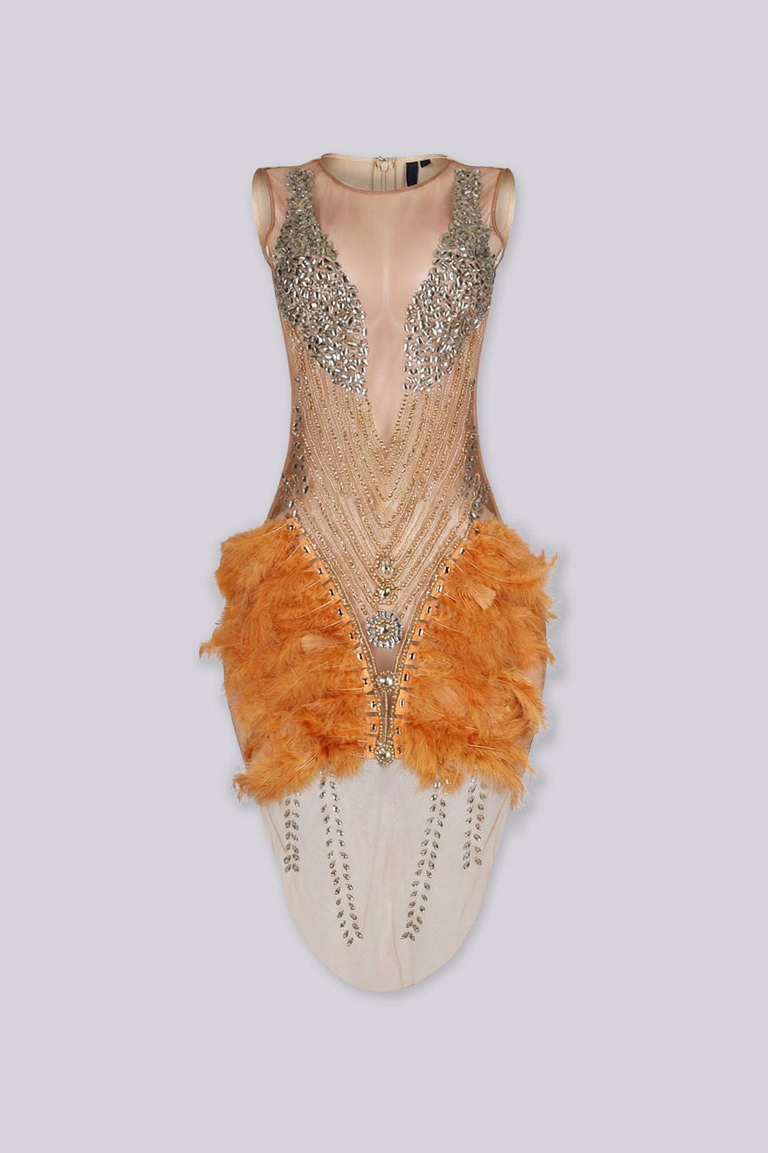 Flaire Mesh Mini Dress With Feather &amp; Rhinestone