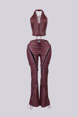 Claudia Vintage PU Halter Top &amp; Pants SET
