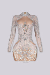 See Through Mesh Mini Dress With Pearl &amp; Rhinestone