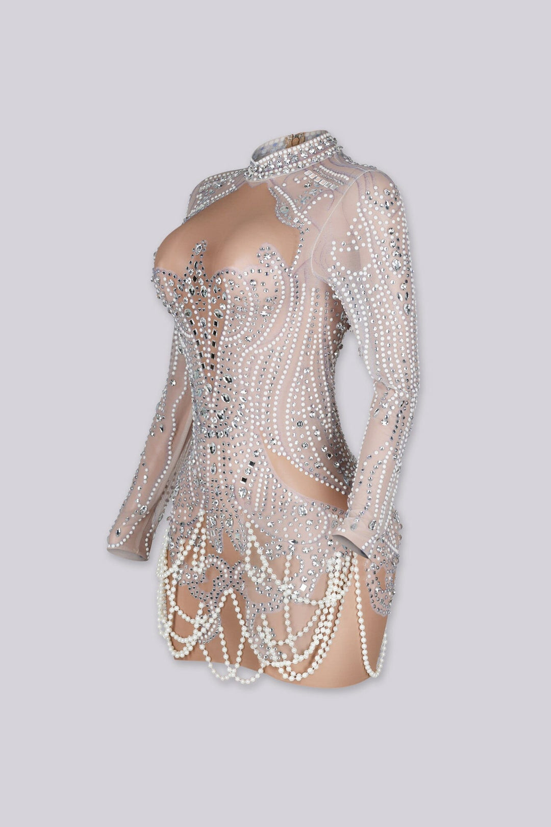 See Through Mesh Mini Dress With Pearl &amp; Rhinestone